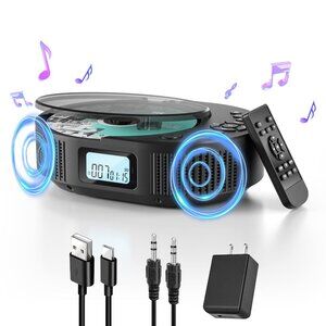 Portable CD Player & Bluetooth Speaker, Rechargeable Boombox w/ Remote Open Box